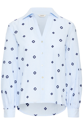 White blouse with blue geometric pattern on a white background b. young BYFabienne Long Sleeve Shirt