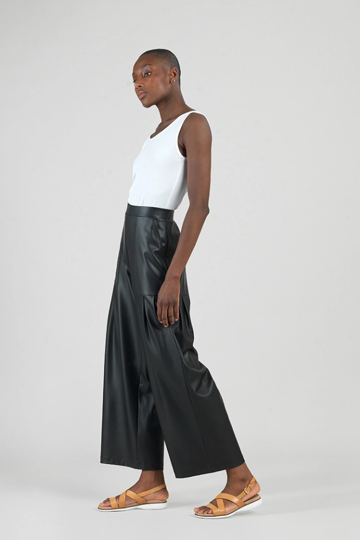 Clara Sunwoo Liquid Leather Wide Leg Pant with Pleated Pockets PT70L