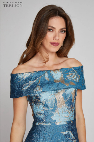 Teri Jon 217048 Large Floral Pattern Jacquard Off The Shoulder Gown