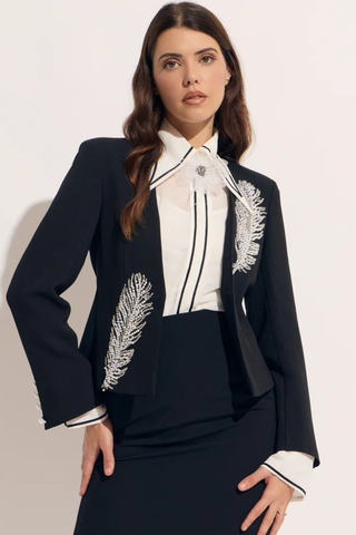 Seraphina Pearl Leaf Feather Open Blazer | Luxury Statement Evening Jacket