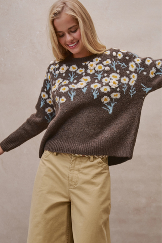 Daisy Embossed 3D Floral Knit Sweater - Brown UDSW0218