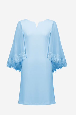 Ribkoff 261715 Signature | Silky Knit A-Line Dress With Chiffon Cape And Novelty Trim  Light blue dress with lace details on a white background