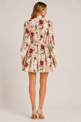 Floral Rose Belted Short Dress oo la la M10506-IVORY