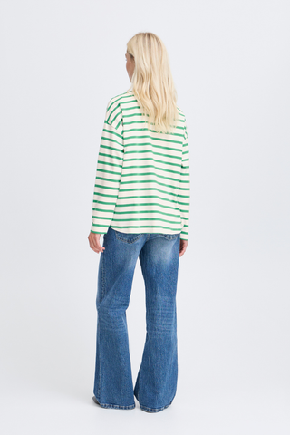 BYRamsi Striped Long Sleeve Pullover Leprechaun Stripe Person wearing a green and white striped shirt and blue jeans on a white background