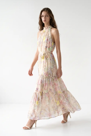 Tropical Floral Print Belted Maxi Halter Dress Beulah AC3218