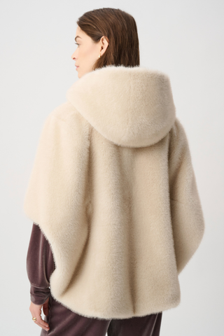 Ribkoff 264910 Short‑Sleeve Faux Fur Cocoon Coat  Woman wearing a beige hooded coat on a white background
