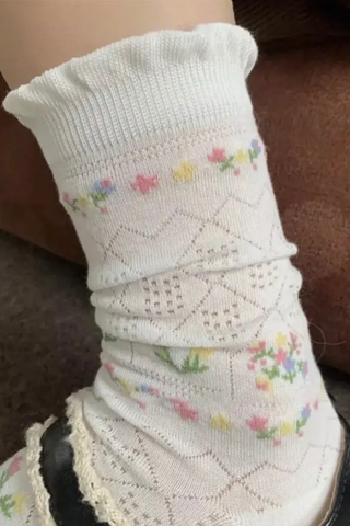Fresh Floral Print Hollow Mesh Crew Socks 8CK8FSO24 Dipped Shop