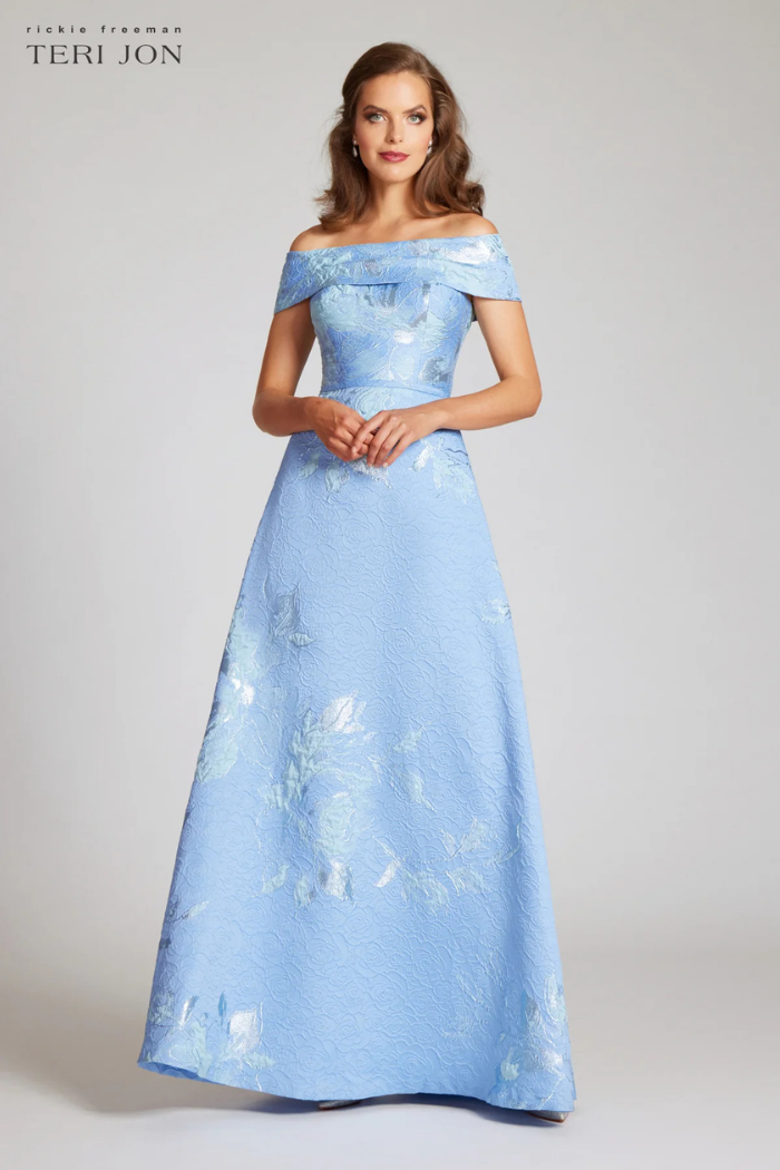 Teri Jon 217048 Floral Jacquard Off-The-Shoulder Gown | Elegant Dress The Dressing Room Teri Jon 217048 Floral Jacquard Off-The-Shoulder Gown | Elegant Dress The Dressing Room