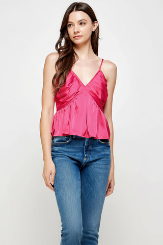 Strut & Bolt Pleated Peplum Satin Cami Top Fuchsia T-6507-H-2