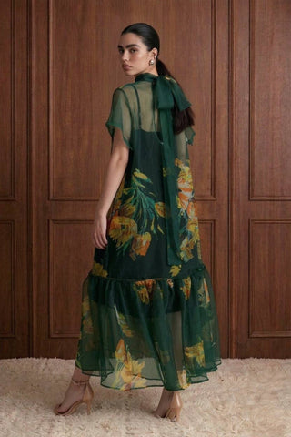 Botanical Print Sheer Overlay Tie-Neck Dress Beulah QC3598