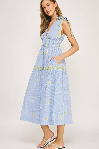 Strut & Bolt Lemon Embroidery Bow Strap Detail Stripe Midi Dress SSB-D-10504-JK-3