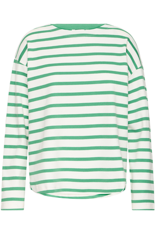 BYRamsi Striped Long Sleeve Pullover Leprechaun Stripe Green and white striped long-sleeve shirt on a white background