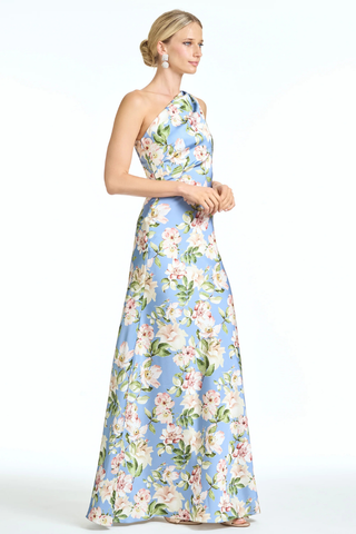 Sachin & Babi Delphine Gown - Twilight Camellias S262G32-494 Woman wearing a floral one-shoulder dress on a white background