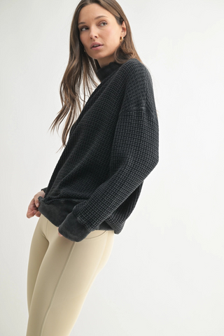 Chunky Waffle Mineral Wash Mock Neck Sweater KT5495 Black