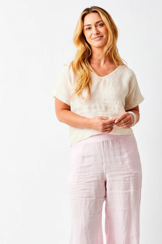 Suzy D Sonora Linen V-Neck Hi Lo Tee - Nude