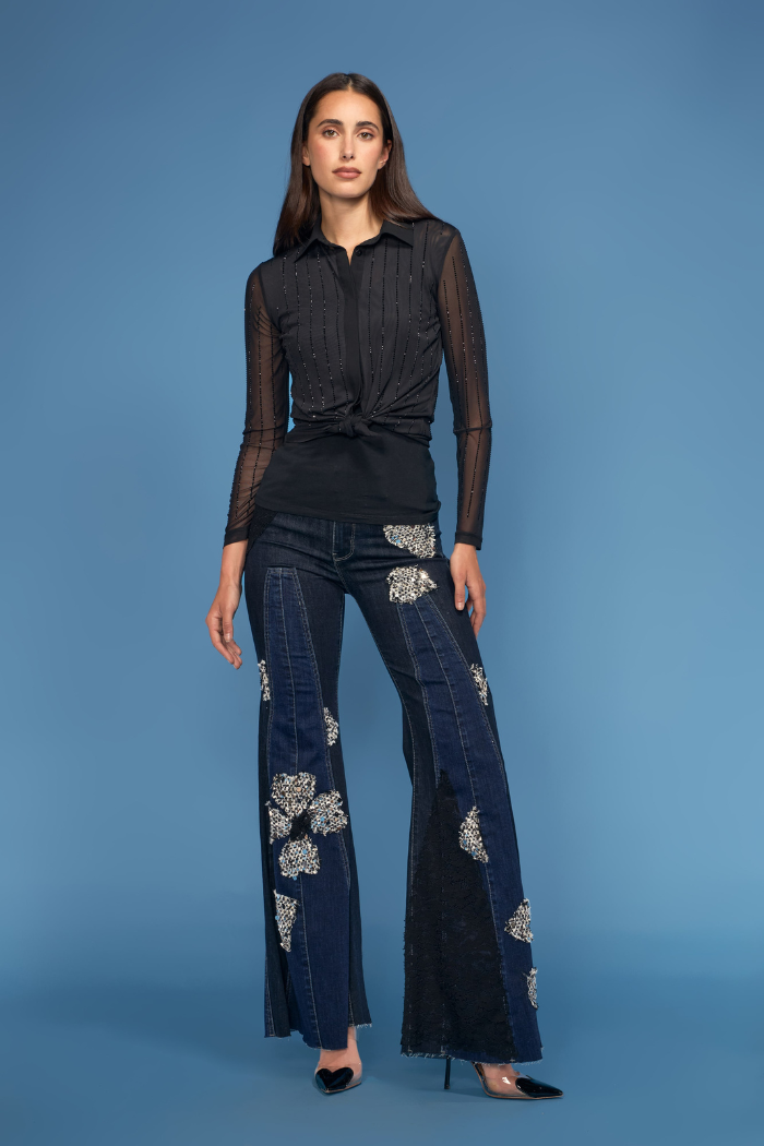 oo la la Rhinestone Pinstripe Button Down Blouse M9937 Black