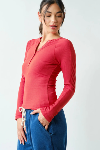 Mono B Essential Long-Sleeved Micro-Ribbed Henley Top KT5543