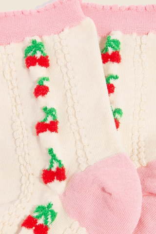 Anarchy Street Pink Accent Cherry Embroidered Beige Socks WL3803