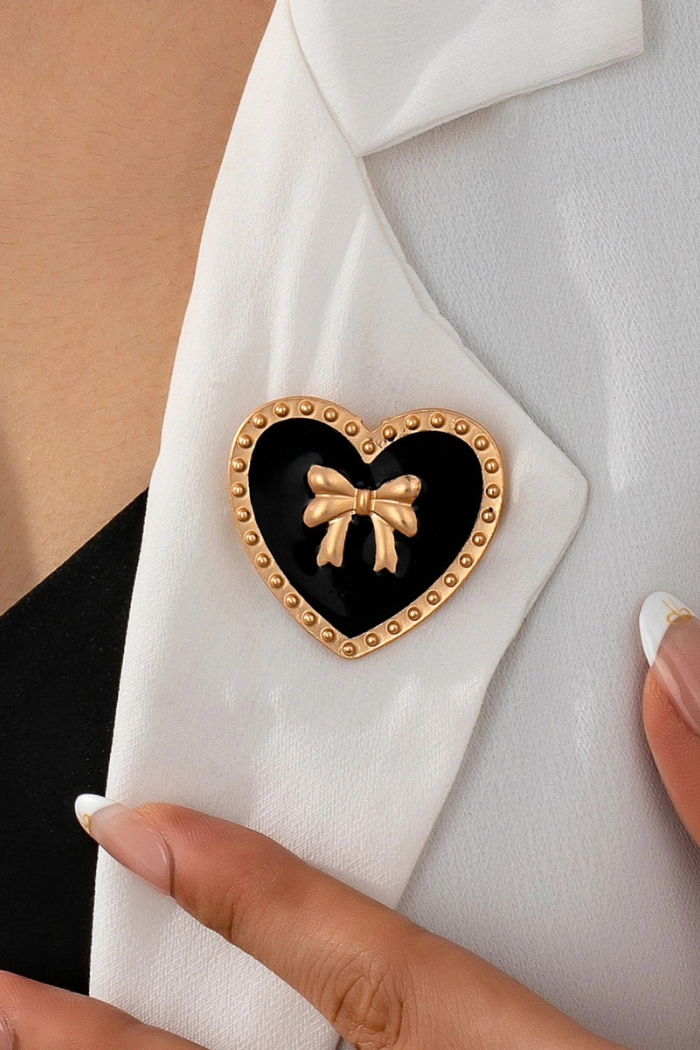 Elegant Black & Gold Heart Bow Brooch Pin