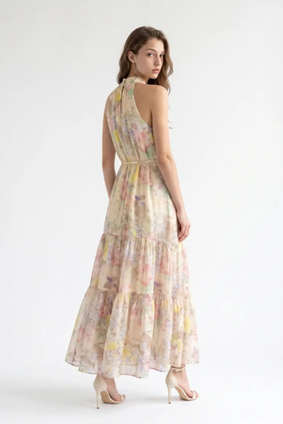 Tropical Floral Print Belted Maxi Halter Dress Beulah AC3218