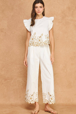 Strut & Bolt Floral Cut-Out Embroidery Twill Pants Off White P-3581-P