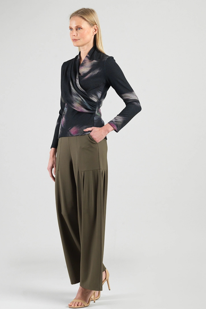 Clara Sunwoo Brush Print Draped V-Neck Ruched Sweater T414WP2