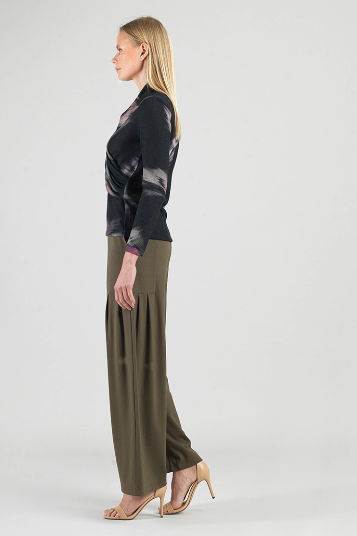 Clara Sunwoo Brush Print Draped V-Neck Ruched Sweater T414WP2