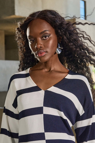 Ribkoff 251914 Striped Sweater Knit V-Neck Pullover