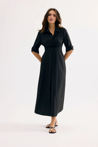  Leo & Ugo EER620 LAETITIA Black Tie-Waist Midi Shirt Dress Woman wearing a black dress on a white background