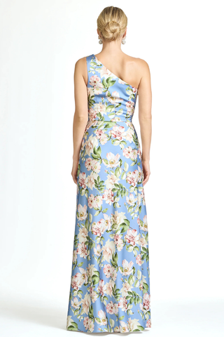 Sachin & Babi Delphine Gown - Twilight Camellias S262G32-494 Woman wearing a floral one-shoulder dress on a white background