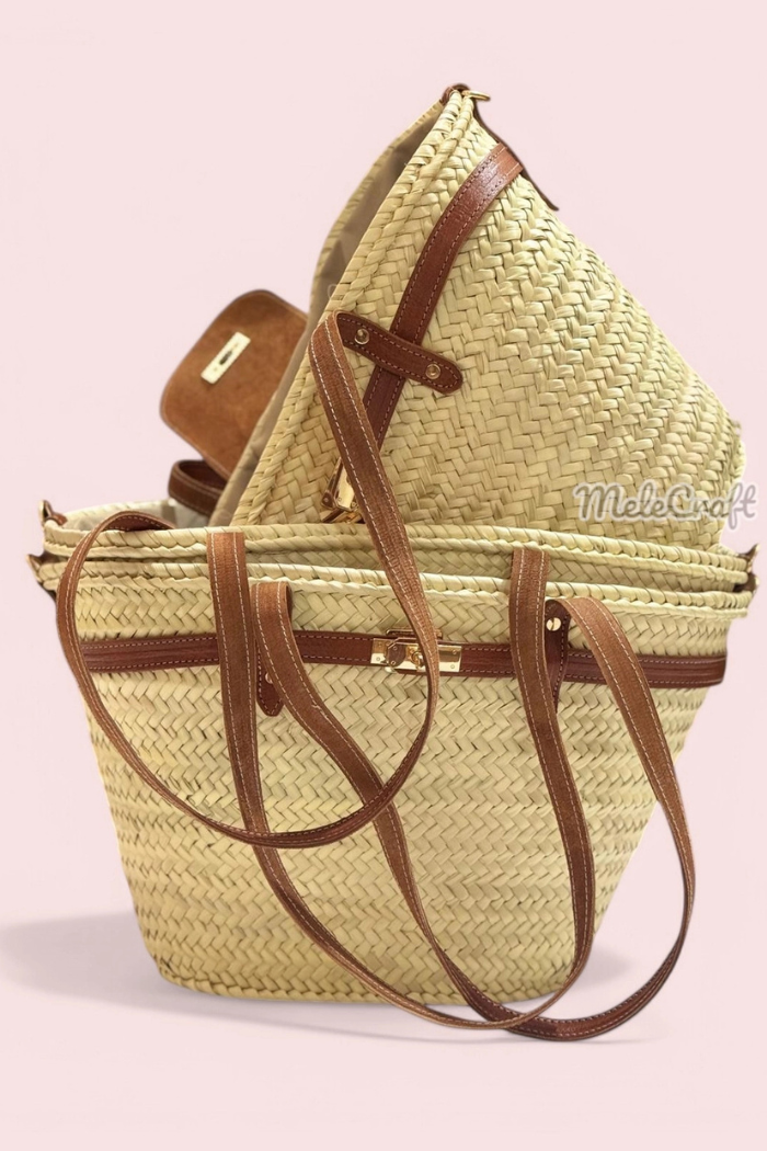Luxury Straw Tote Bag with Leather Lock Closure