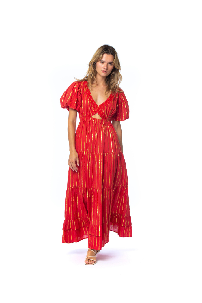 Radiant Red & Gold Stripe Tiered Maxi Dress with Puff Sleeves The Dressing Room Radiant Red & Gold Stripe Tiered Maxi Dress with Puff Sleeves The Dressing Room