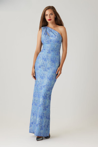 Light Blue Stretch Jacquard One-Shoulder Gown