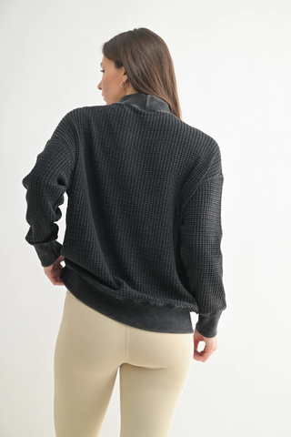 Chunky Waffle Mineral Wash Mock Neck Sweater KT5495 Black