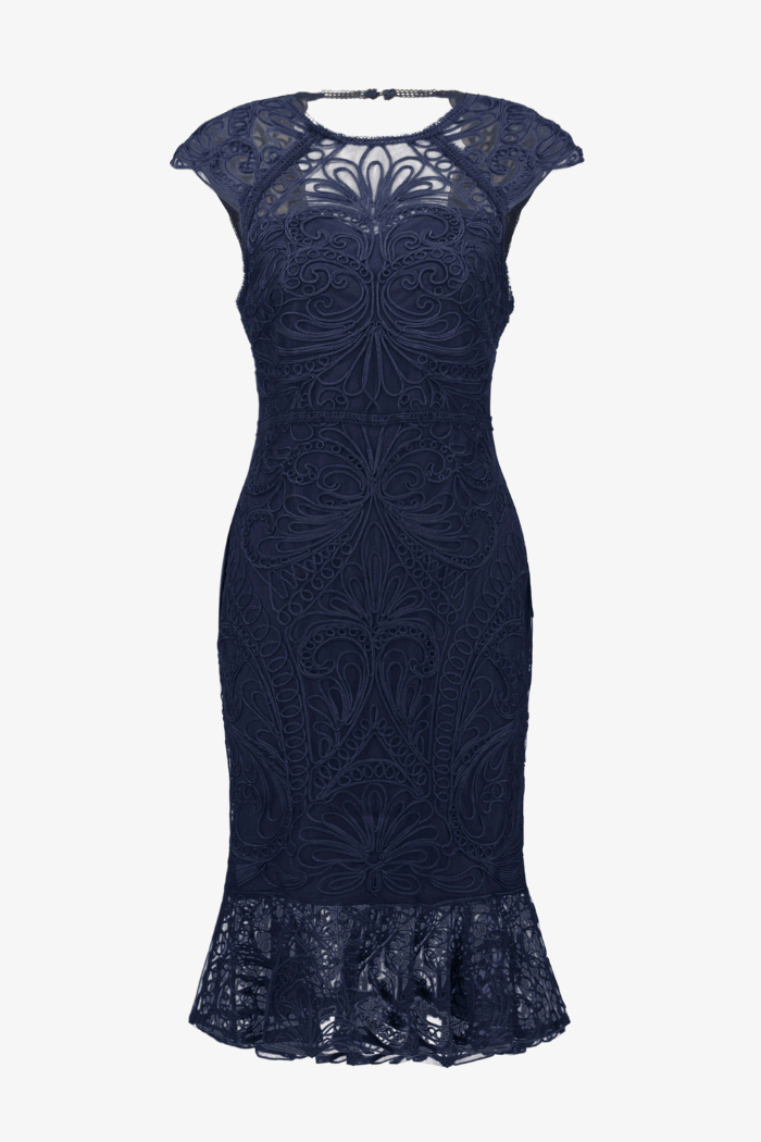 joseph ribkoff navy lace dress Joseph Ribkoff Midnight Blue Guipure Soutache Trumpet Dress 261740 XL