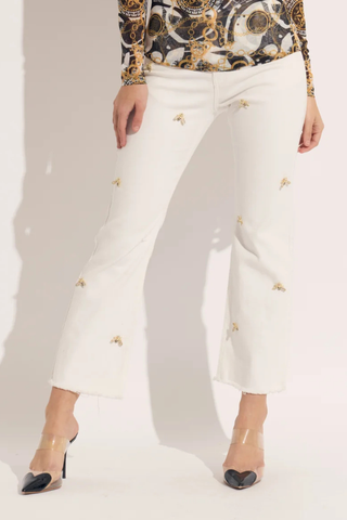 Scattered Bees on White Denim Jeans