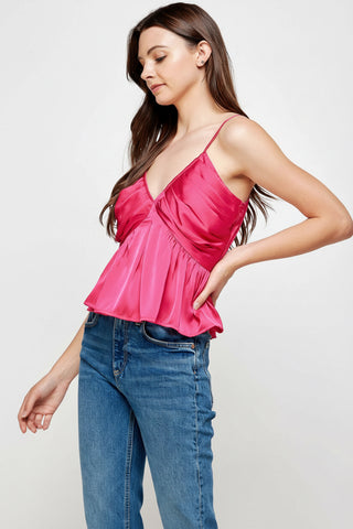 Strut & Bolt Pleated Peplum Satin Cami Top Fuchsia T-6507-H-2