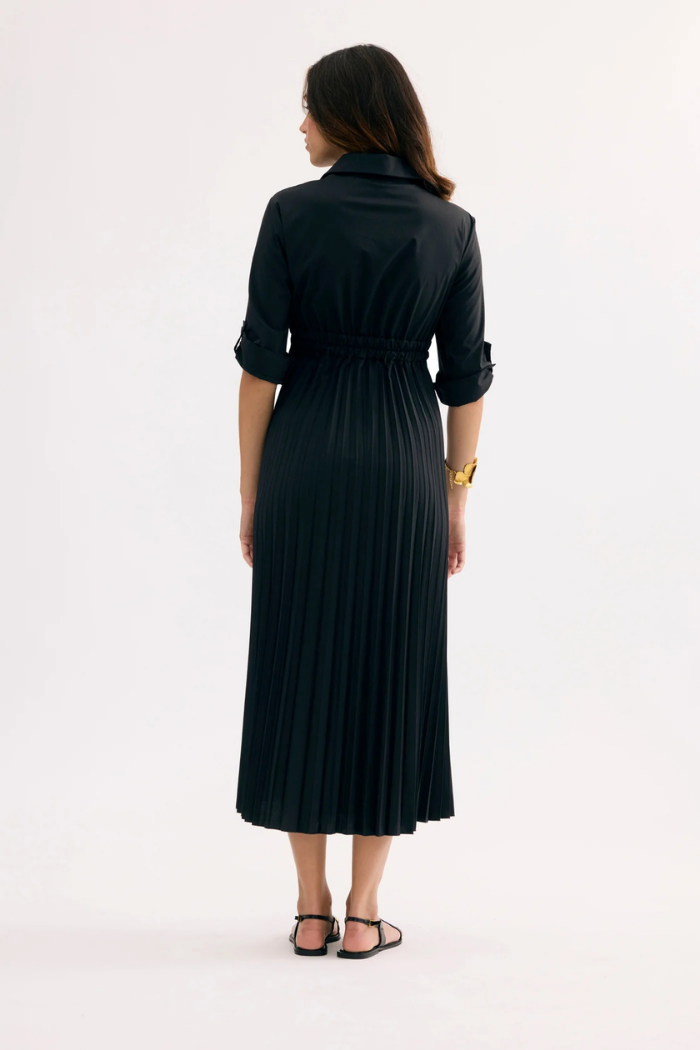 shirt dress pleated skirt Black Cap Sleeve Shirt Dress with Pleated Skirt and Belt L