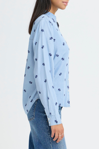 Light blue shirt with small black patterns worn by a person on a white background b. young BYKosmo Boho Embroidered Shirt
