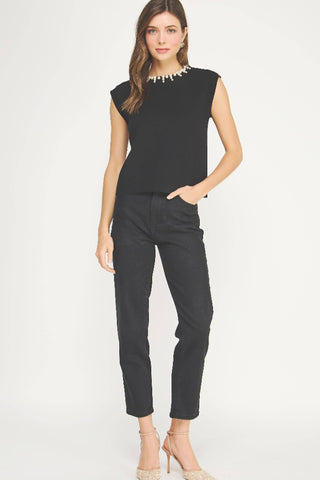 Strut & Bolt Pearl Jeweled Trim Knit Top - Black SSB-TK-40086-L-2