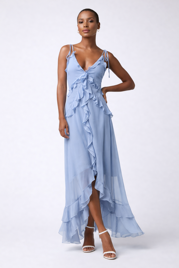 blue ruffle maxi dress Puglia tiered floral It features the prettiest floral print and cascading ruffles throughout and is just what you need for a day at the races or a garden wedding Straps Royal Blue Chiffon Ruffle