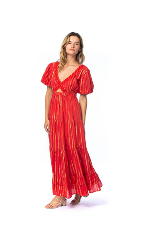 Radiant Red & Gold Stripe Tiered Maxi Dress with Puff Sleeves