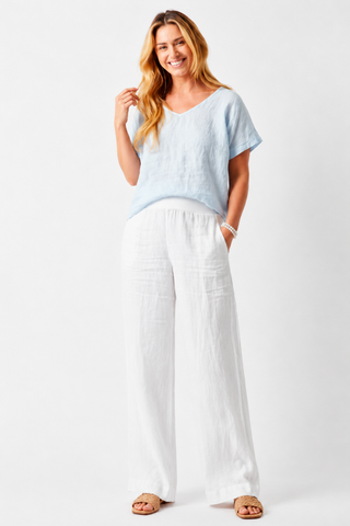 Sonora Linen V-Neck Hi Lo Tee - Cloud Blue
