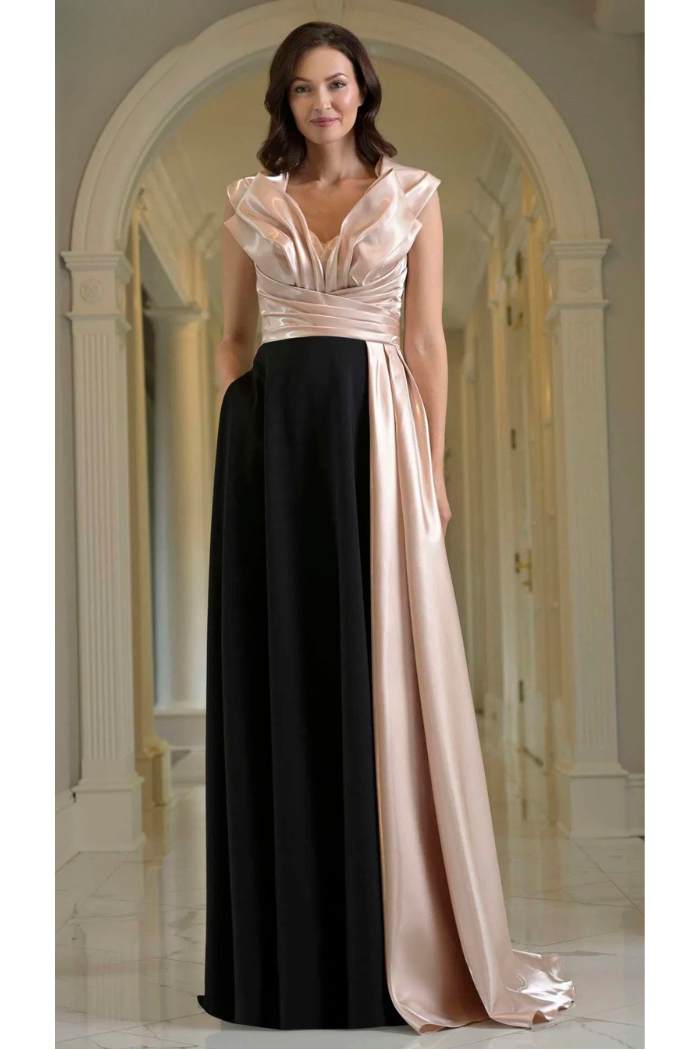Marsoni M345 Two-Tone Organza Gown with Draped Plunging V-Neck