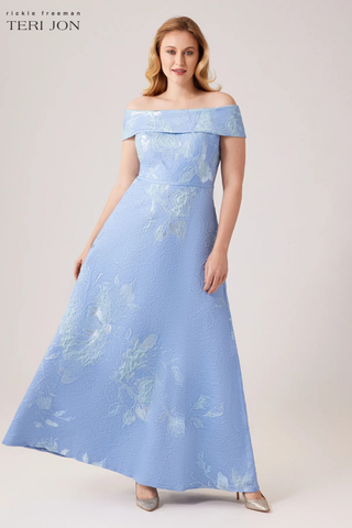 Teri Jon 217048 Large Floral Pattern Jacquard Off The Shoulder Gown