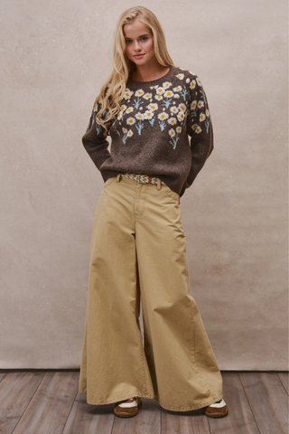 Daisy Embossed 3D Floral Knit Sweater - Brown UDSW0218