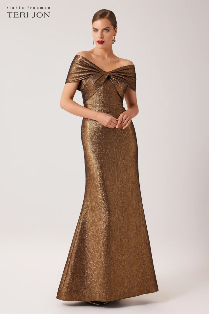 Metallic Jacquard Twist Bodice Off The Shoulder Gown Metallic Jacquard Twist Bodice Off The Shoulder Gown