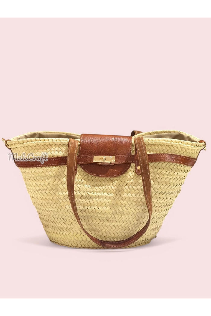 Luxury Straw Tote Bag with Leather Lock Closure
