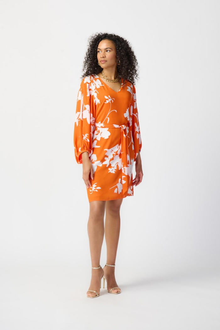 Floral Print Georgette Puff Sleeve Belted Dress
