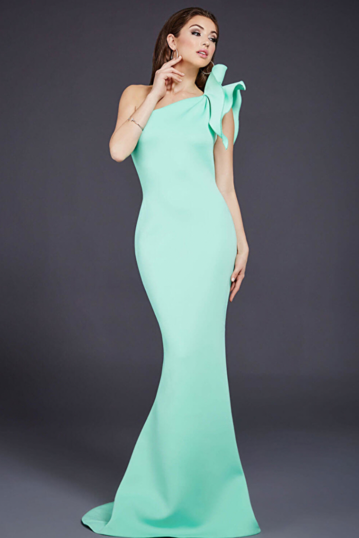 Bow Accented Asymmetrical Mermaid Gown